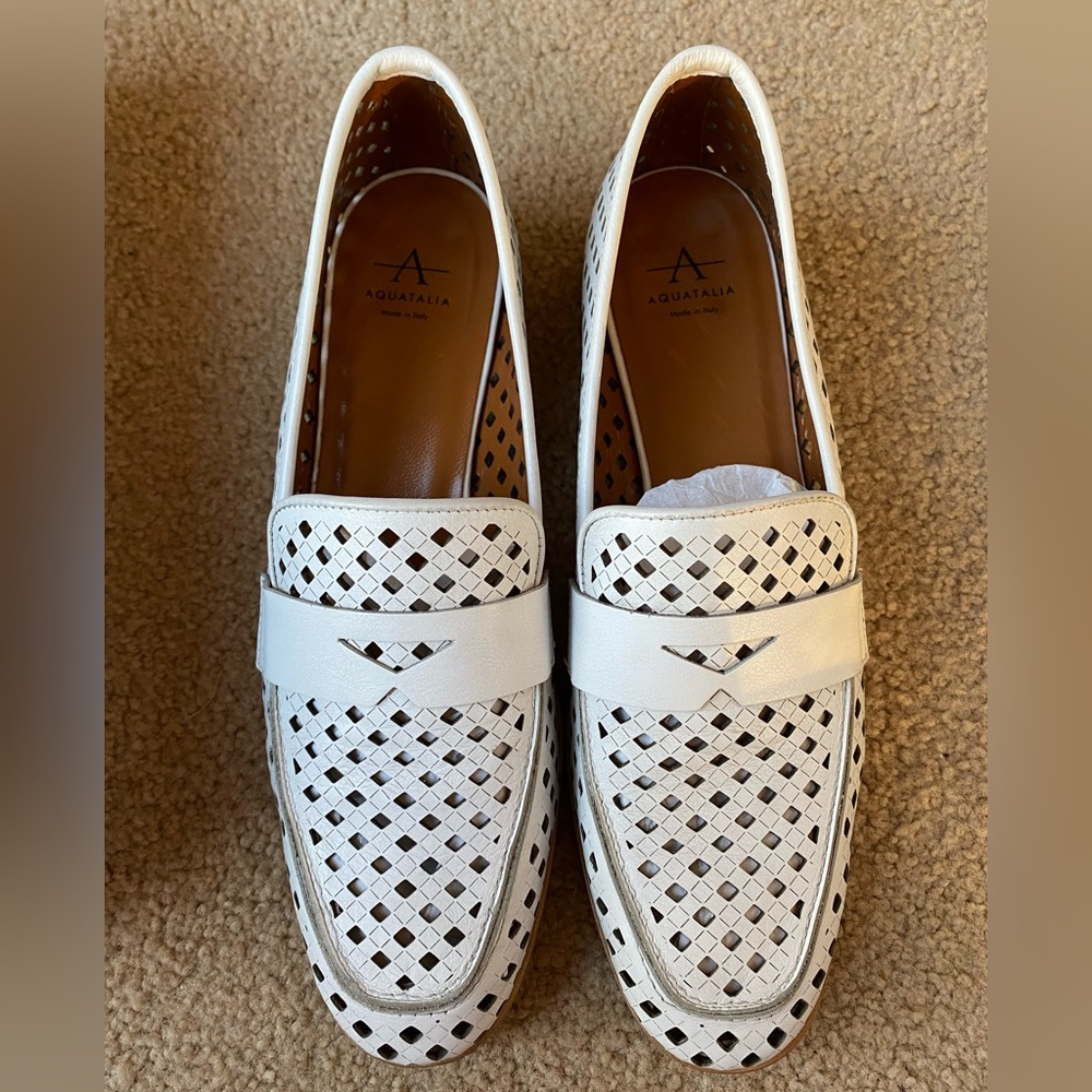 Aquatalia Sheryl Perforated Leather Loafers in White